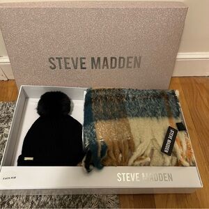 Steve Madden Black Beanie and Colorful Scarf Set